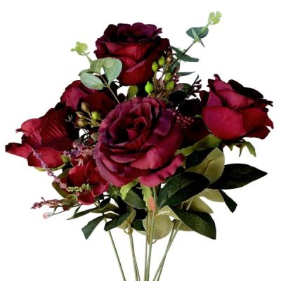 Artificial Rose/Eucalyptus Bush – 52Cm / Burgundy  |  Artificial Roses Artificial Bushes Artificial Bushes