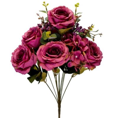 Artificial Rose/Eucalyptus Bush – 52Cm / Dark Pink  |  Artificial Roses Artificial Bushes Artificial Bushes