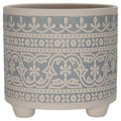 Asteria Pot With Hole & Plug / Large – 16.2Cmd X 15.3Cmh / Blue Design  |  Ceramics & Cement Ceramics & Cement Beige Pot,Blue Pattern