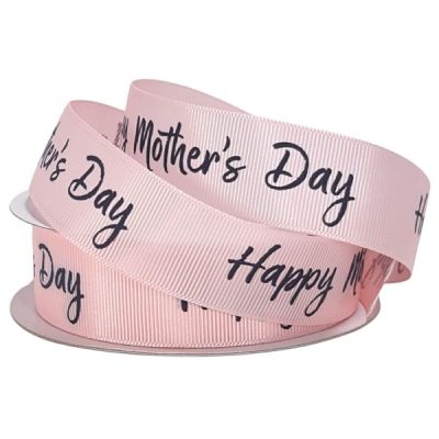 Grosgrain Ribbon W/Happy Mother’s Day – 25Mm X 25M / Light Pink With Charcoal Print  |  Ribbon – Grosgrain Ribbon - Grosgrain Ribbon - Grosgrain