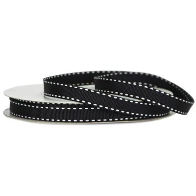 Grosgrain Stitch Ribbon – 10Mm X 25Mtr / Black W/White Stitching  |  Ribbon – Grosgrain Ribbon - Grosgrain Black