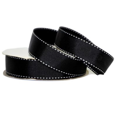 Grosgrain Stitch Ribbon – 25Mm X 25Mtr / Black W/White Stitching  |  Ribbon – Grosgrain Ribbon - Grosgrain Black