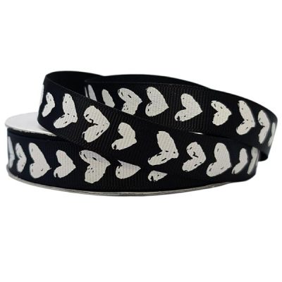 Grosgrain With Hearts – 16Mm X 25Mtr / Black With White Hearts  |  Ribbon – Specialty Ribbon - Grosgrain Black,White Hearts