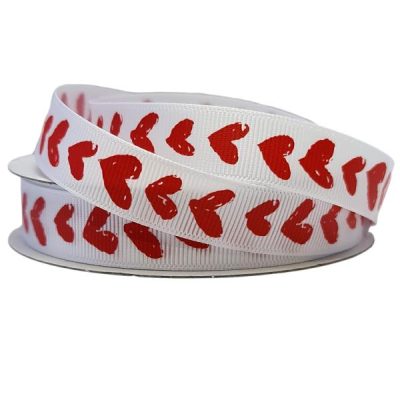 Grosgrain With Hearts – 16Mm X 25Mtr / White With Red Hearts  |  Ribbon – Specialty Ribbon - Grosgrain Ribbon - Grosgrain