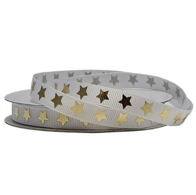 Grosgrain With Metallic Stars – 10Mm X 25Mtrs / White With Gold  |  Ribbon – Grosgrain Christmas Ribbon & Wrap Christmas Ribbon & Wrap