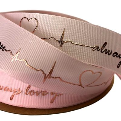 Love You Grosgrain Ribbon – 2.5Cm X 45.7Mtrs / Light Pink  |  Ribbon – Specialty Ribbon - Grosgrain Light Pink,Rose Gold Print