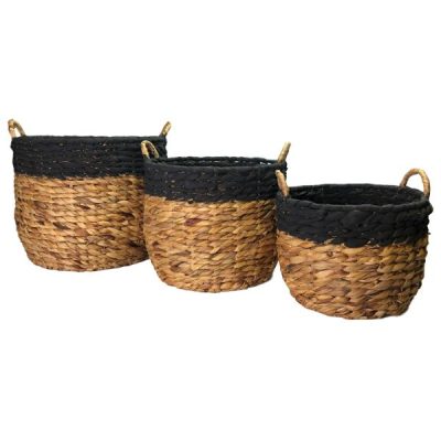 S/3 Round Water Hyacinth Basket With Ear Handles – Lg: 36Cmd X 33Cmh, Med: 32Cmd X 28Cmh, Sm: 26Cmd X 23Cmh / Natural & Black  |  Flower & Plant Baskets Flower & Plant Baskets Flower & Plant Baskets