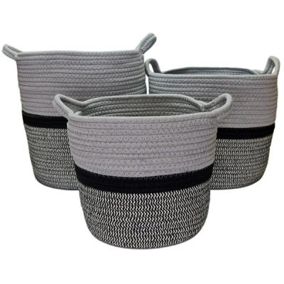 S/3 Round Woven Basket With Ear Handles – Lge: 36Cmd X 33Cmh, Med: 32Cmd X 28Cmh, Sml: 26Cmd X 23Cmh / Grey & Black  |  Flower & Plant Baskets Flower & Plant Baskets Flower & Plant Baskets