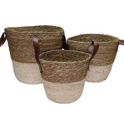 S/3 Round Woven Basket With Leather Ear Handles – Lge: 36Cmd X 33Cmh, Med: 32Cmd X 28Cmh, Sml: 26Cmd X 23Cmh / Natural & Cream  |  Flower & Plant Baskets Flower & Plant Baskets Flower & Plant Baskets