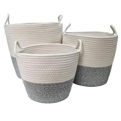 S/3 Round Woven T/Tone Basket W/Handles Lge: Top D 36Cm X 33Cmh, Med: Top D 32Cm X 28Cmh, Sml: Top D 26Cm X 23Cmh / Light Grey & White  |  Flower & Plant Baskets Flower & Plant Baskets Flower & Plant Baskets