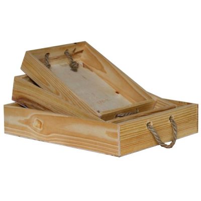 S/3 Wooden Rectangle Tray W/Rope – Lg: 43Cml X 34.5Cmw X 8.5Cmh / Natural  |  Wood Trays And Boxes Pots & Baskets Wood Trays And Boxes