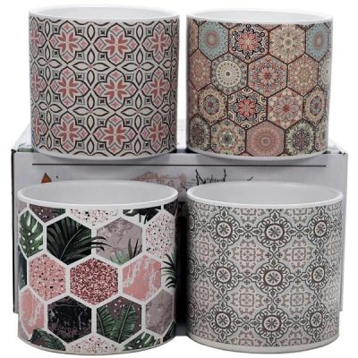 Set Of 4 Patterned Ceramic Pots / Pink/Green Tones  |  Ceramics & Cement Ceramics & Cement Ceramics & Cement